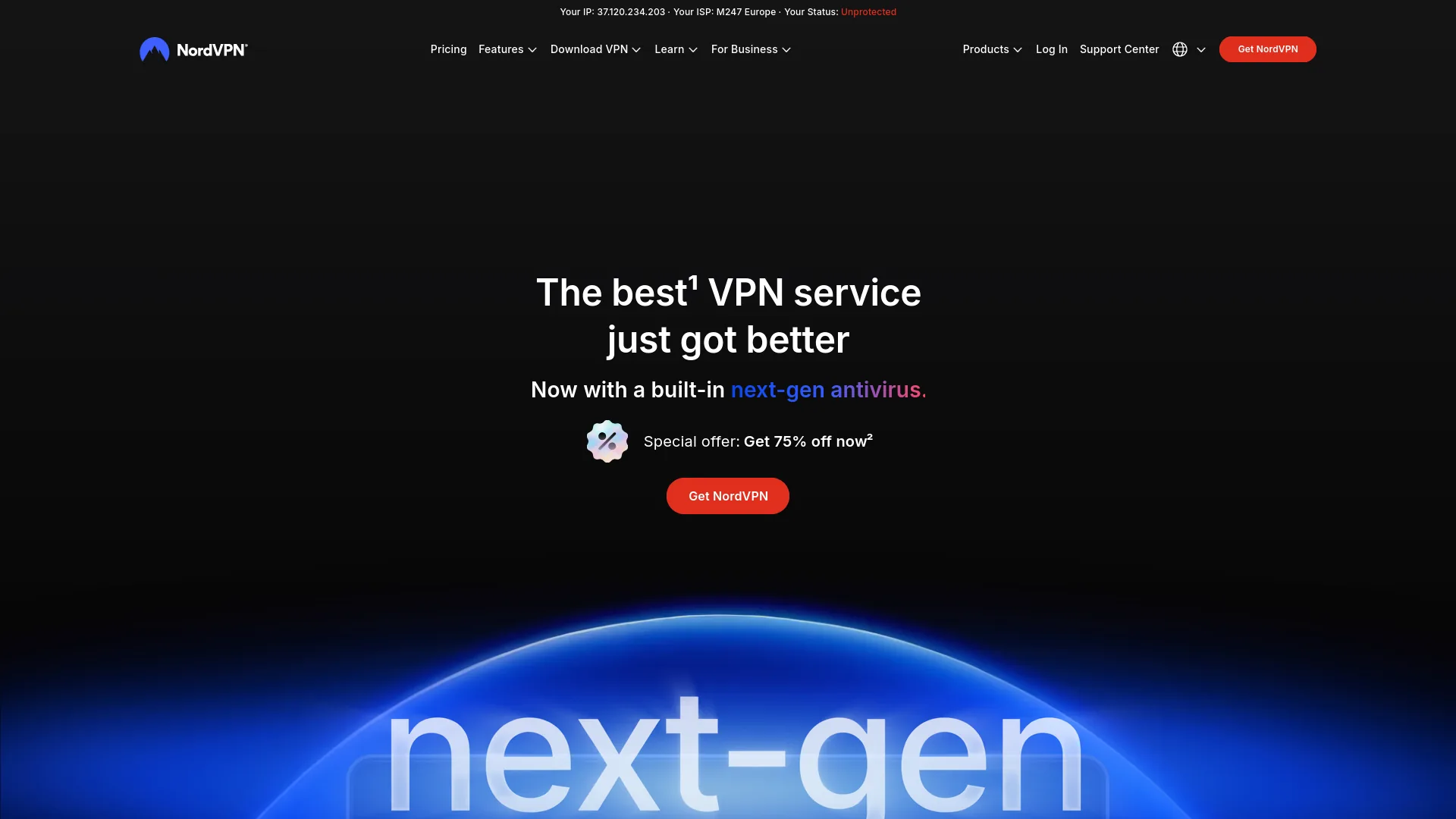 NordVPN homepage screenshot captured for VPN review context