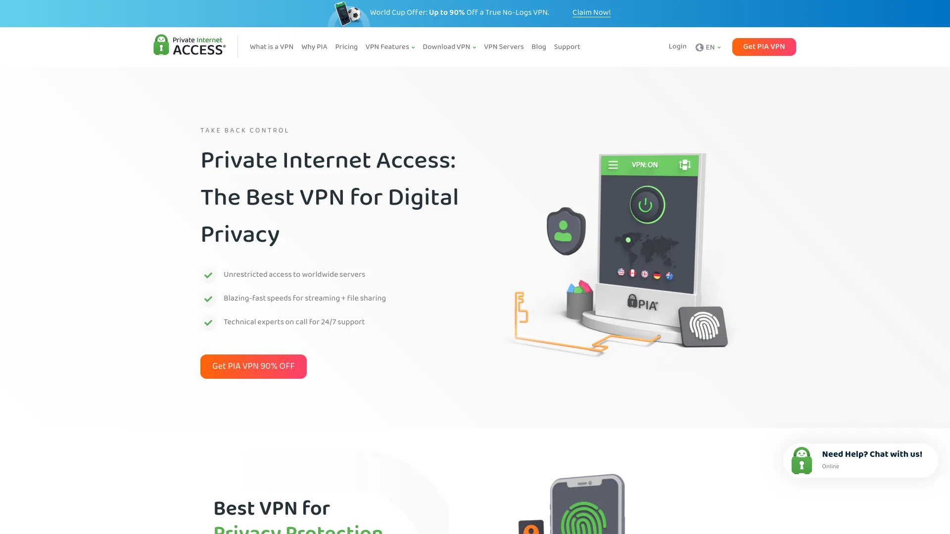 Private Internet Access homepage screenshot captured for VPN review context